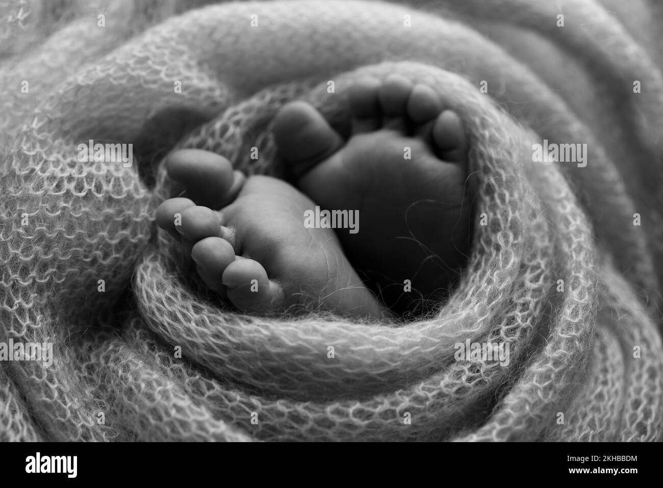 Weiche Füsse eines Neugeborenen in einer Wolldecke. Schwarzweiß-Makrofotografie. Stockfoto