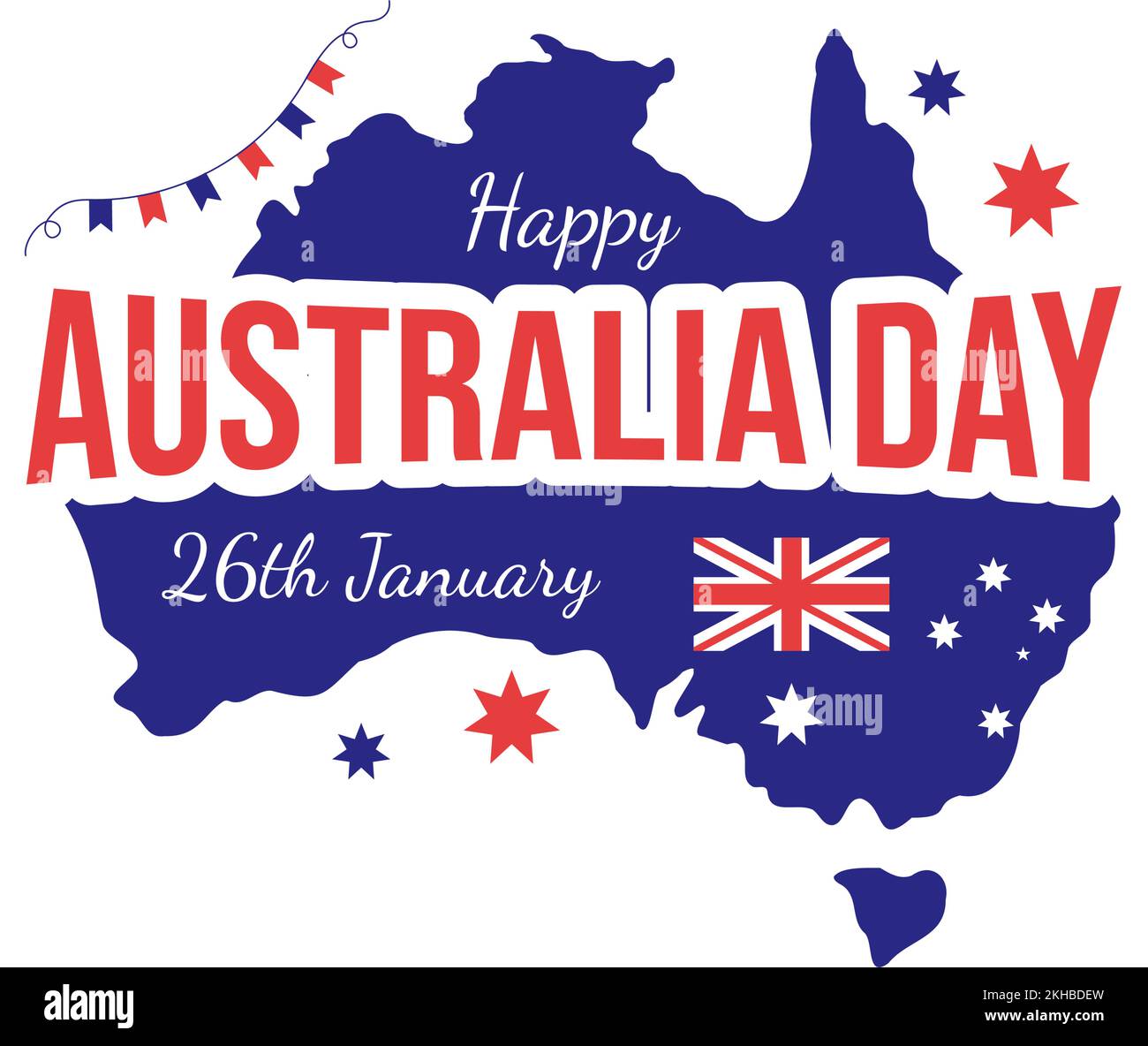 Happy Australia Day findet jedes Jahr am 26.. Januar statt, mit Flaggen und einer Karte zur Vielseitigkeit der Menschen in flachem Cartoon, handgezeichnete Vorlage Stock Vektor