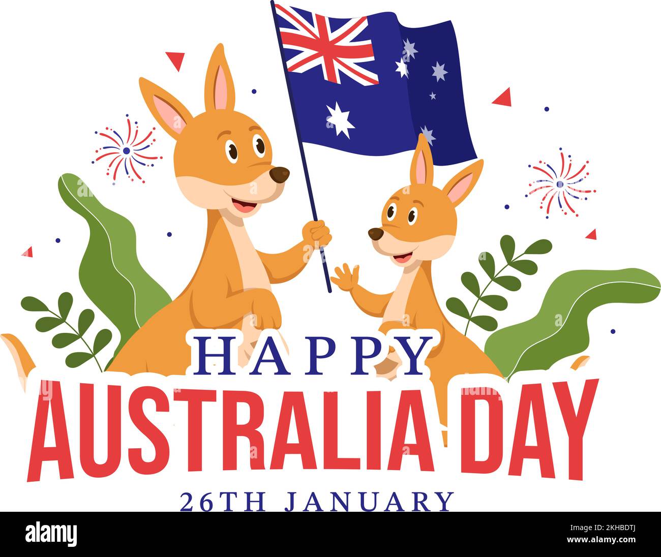 Happy Australia Day findet jedes Jahr am 26.. Januar mit Flaggen und Kängurus in der flachen, handgezogenen Schablone statt Stock Vektor