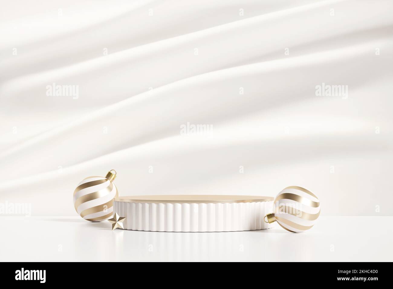 3D-Rendering-Standfuß in Weiß, Gold, mit Kugeln auf weißem Hintergrund aus Seidenmatt. Luxuriöses Weihnachts- oder Winterabsatzpodium. Stockfoto