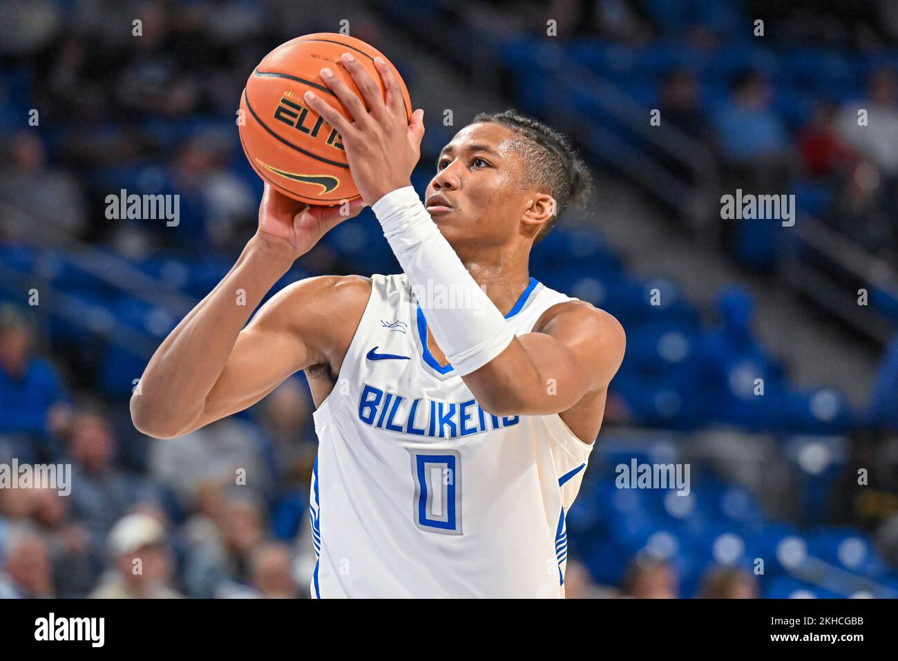 23. NOVEMBER 2022: Saint Louis Billikens Wächter Kellen Themse (0) schießt in einem regulären Saisonspiel, bei dem die Paul Quinn Tigers die St. Louis Billikens. In der Chaifetz Arena in St. Louis, MO Richard Ulreich/CSM Stockfoto