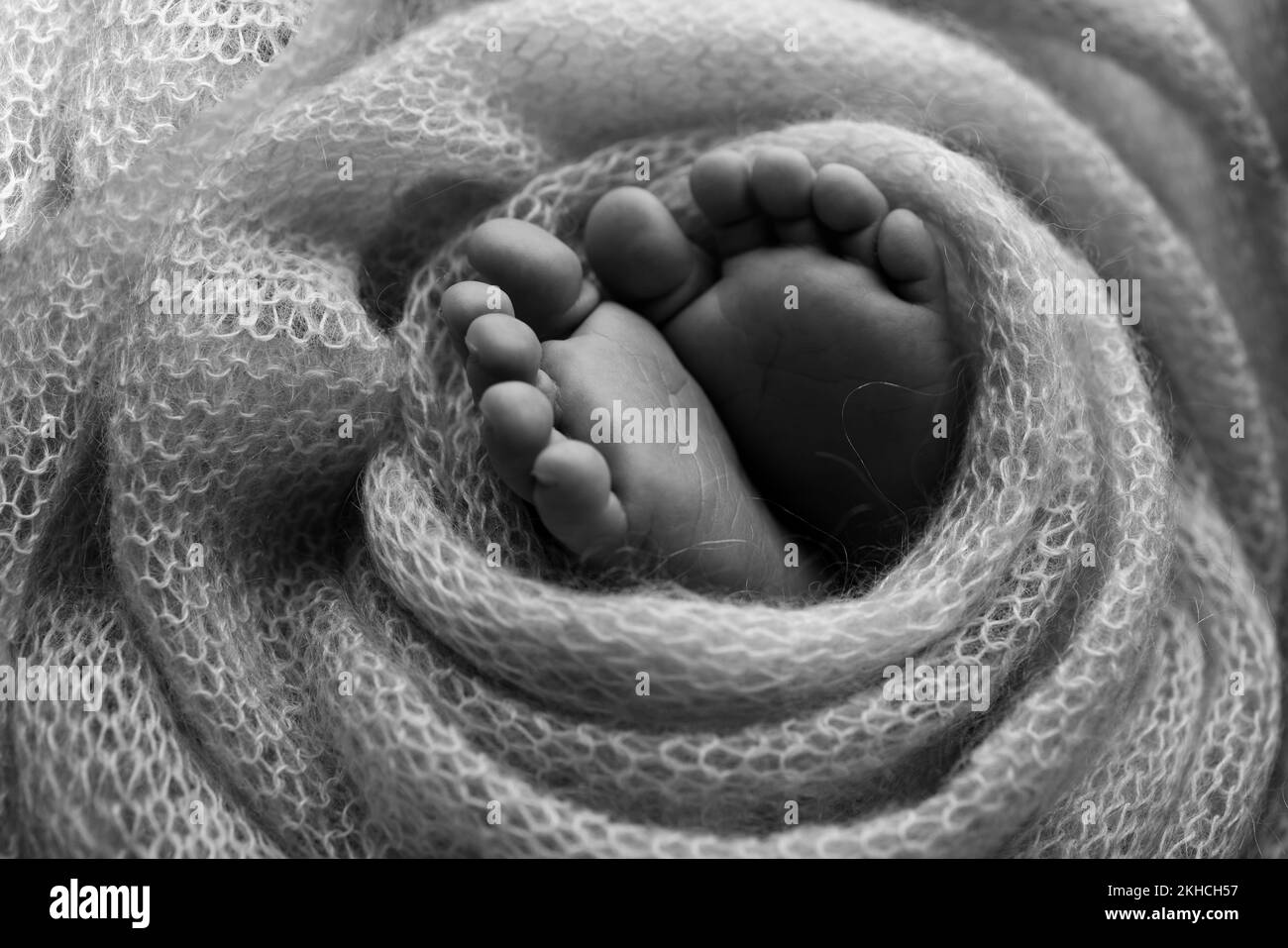Weichfüße eines Neugeborenen in einer Decken-Schwarz-Weiß-Studiomakrographie. Stockfoto