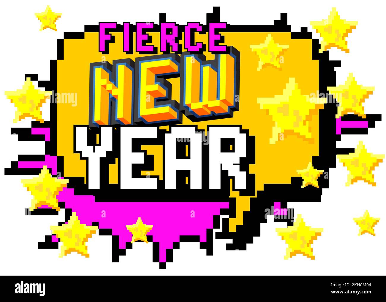 Wildes Neues Jahr. Verpixeltes Wort mit geometrischem Grafikhintergrund. Vektor-Cartoon-Illustration. Stock Vektor
