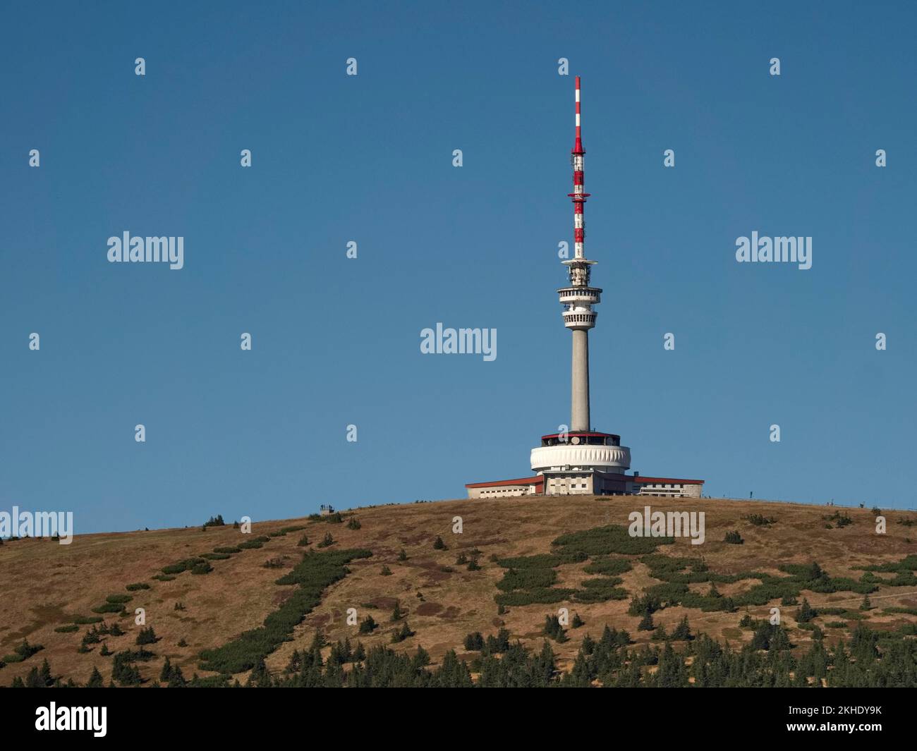 Fernsehturm auf dem Wiesenberg im Altvater-Gebirge, Praded, im Naturschutzgebiet Altvater, hohe Heide, Malá Morávka, Mähren, Tschechische Republik, Stockfoto