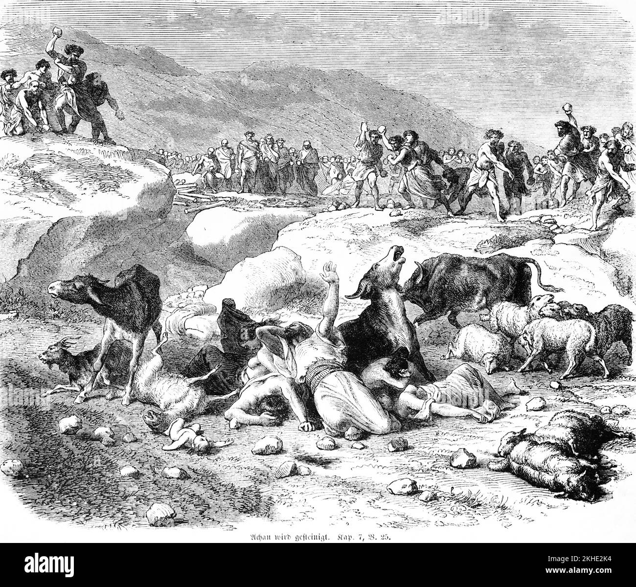 Achen ist stoned, steinigen, bestrafen, sterben, Rinder, Schafe, grausam, Wurfsteine, Berge, Viele Menschen, die Bibel, das Alte Testament, das Buch von J. Stockfoto