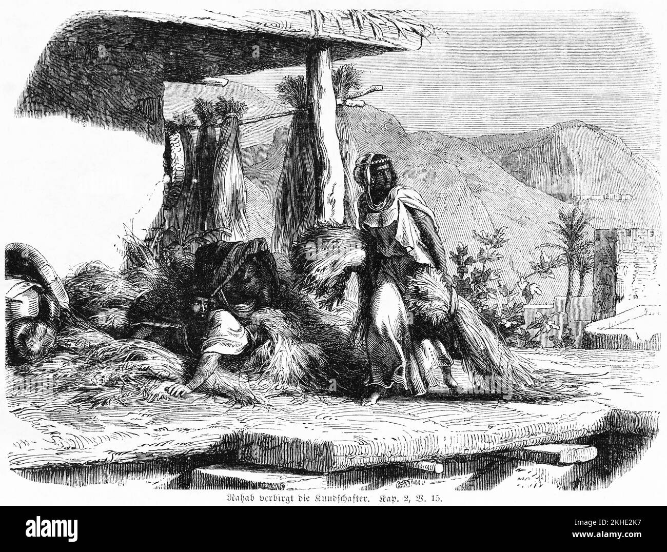 Rahab versteckt die Späher, Versteck, Gebäude, Landschaft, Berge, Leute, Deckung, Verstecken, sei, Fenster, Stadtmauer, Bibel, Altes Testament, das Buch des Stockfoto