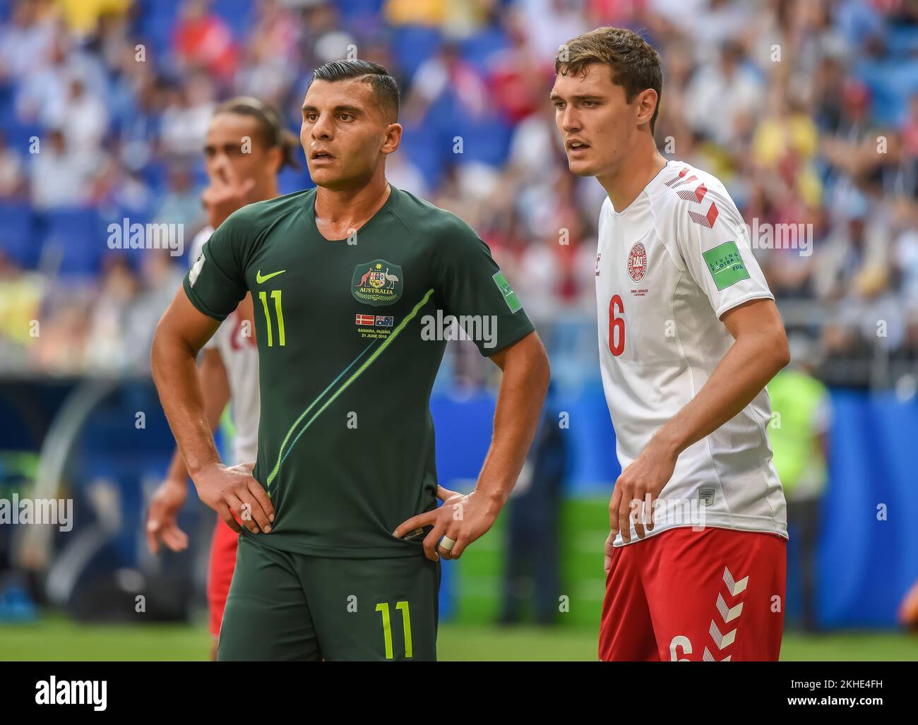 Samara, Russland – 21. Juni 2018. Dänemark Mitte-Rücken Andreas Christensen und Australien Winger Andrew Nabababout beim FIFA-Weltmeisterschaftsspiel 2018 Dänemark gegen Stockfoto