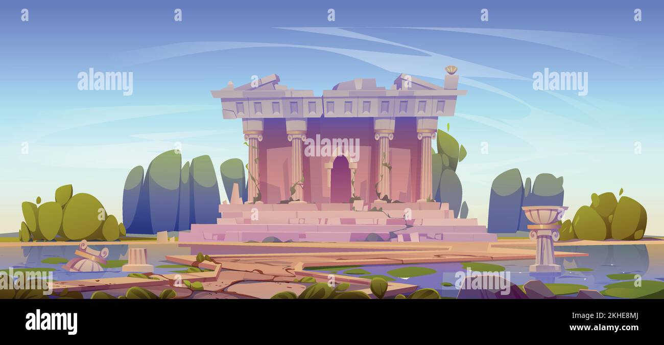 Zerstörter Tempel mit Efeu-Reben, verlassenes Architekturgebäude mit kaputten Säulen und zerstörte Bauarbeiten am Wasserteich. Mittelalterliche Ruinen von Rom oder Griechenland, Cartoon-Vektorgrafik Stock Vektor