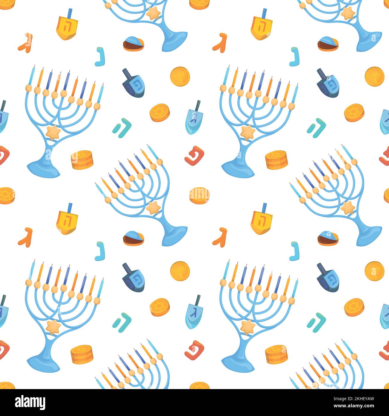 Farbenfroher Hintergrund mit sich wiederholenden Mustern für das jüdische Festival von Hanukka, bestehend aus einfachen Vektorbildern. Stock Vektor