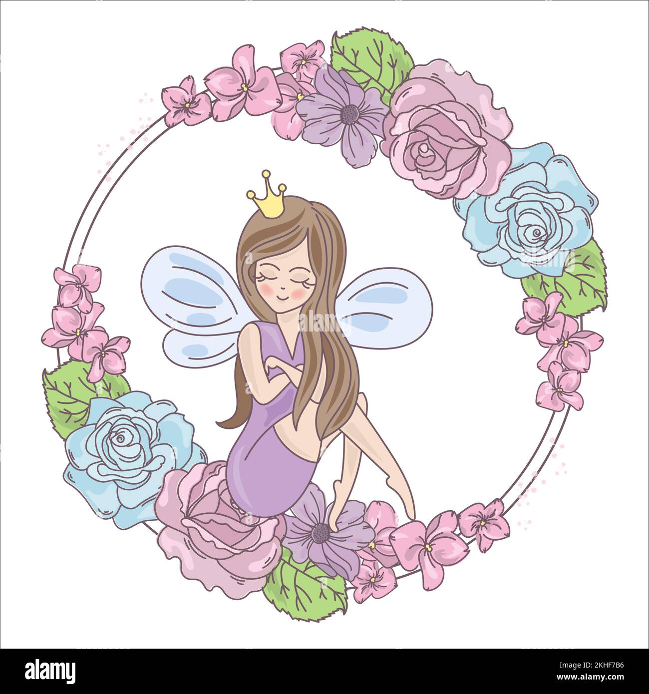 FEENBLUMEN Cartoon Prinzessinnen-Kranz-Hochzeitsvektor mit Blumenmotiv Stock Vektor