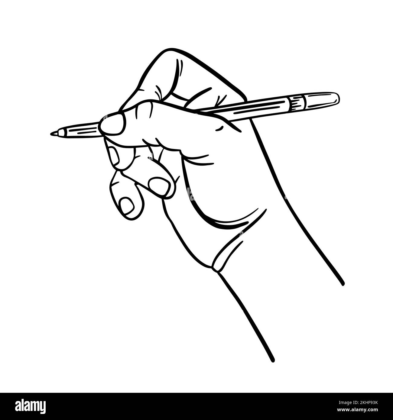WEIBLICHE HAND MIT STIFT im Sketch Style Designer erstellt ihre Zeichenhand hält Einen Bleistift und gemalt monochrome Cartoon Clip Art Vector Illustration Set F. Stock Vektor