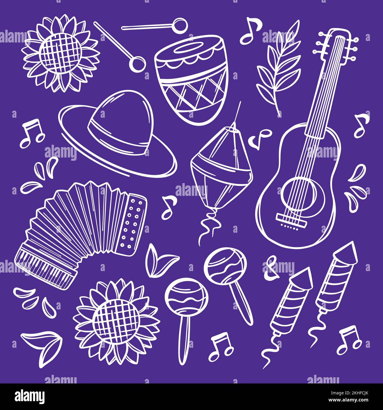 FESTIVAL MUSIK Juni Festival katholische Tradition Brasilien Karnevalsfeiertage Komposition mit Musikinstrumenten auf violettem Hintergrund Vektorillustration Stock Vektor