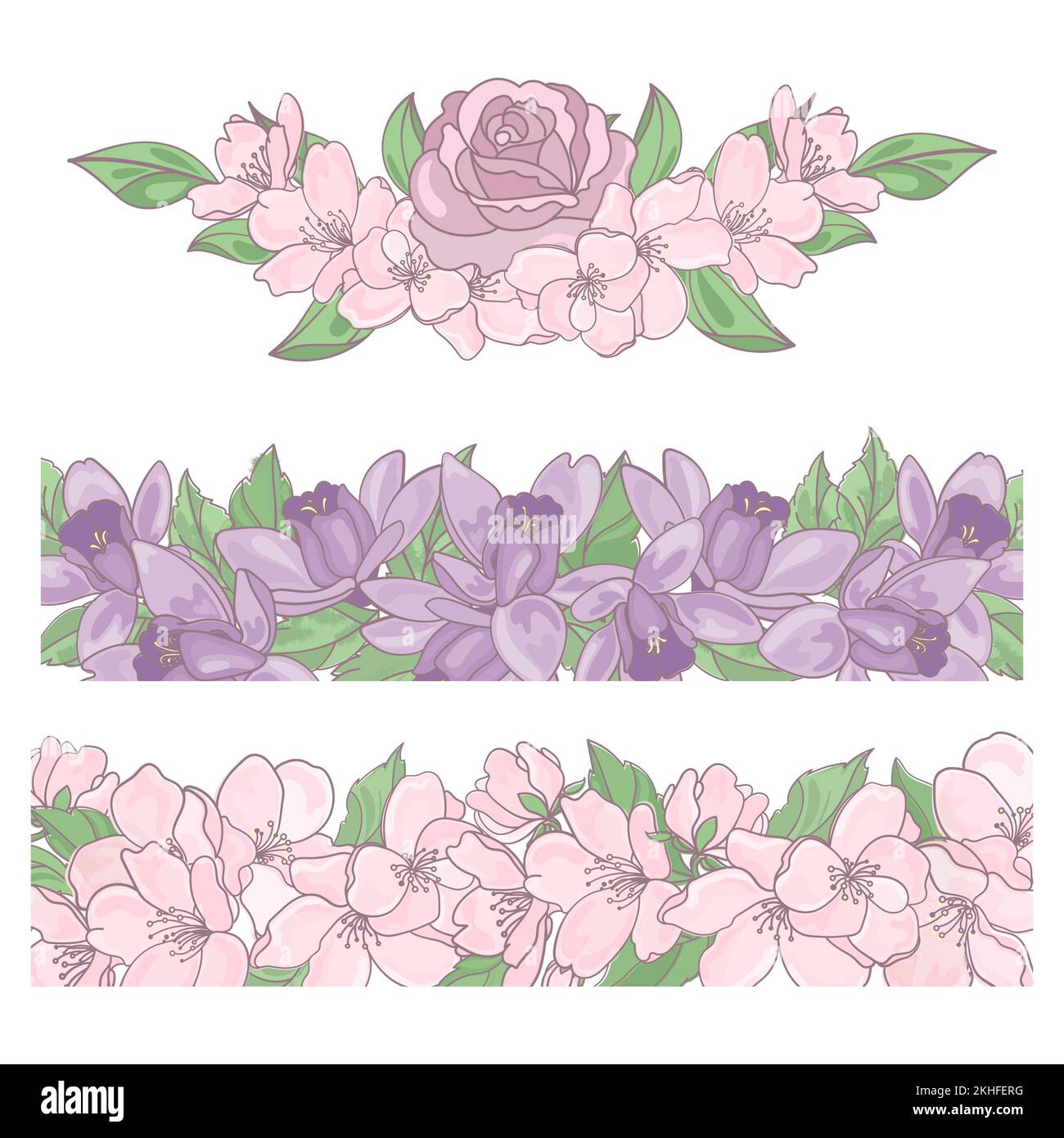 BLUMENRÄNDER Rose Aquilegia Apfelsaison Natur Frühling Dekoration Cartoon Clip Art Vektor-Illustration Set zum Drucken Stock Vektor