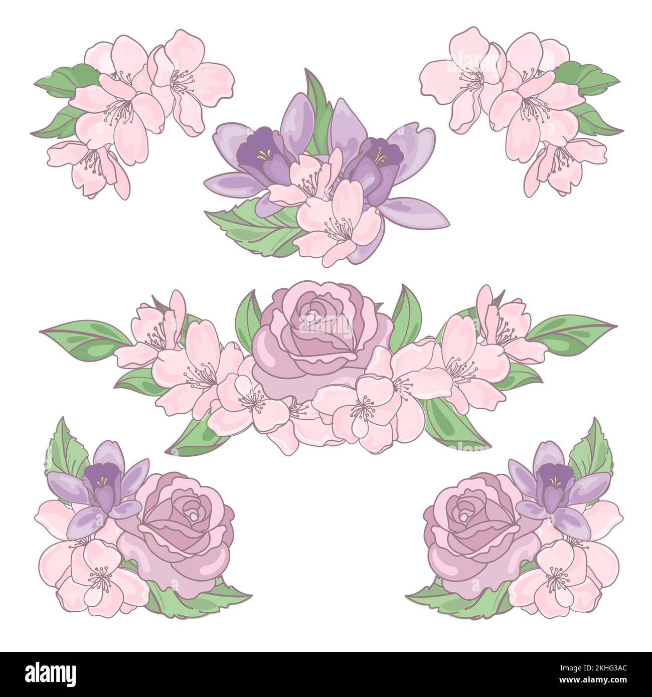 BLUMENMISCHUNG Rose Aquilegia Sakura Jahreszeit Natur Frühling Weihnachtsdekoration Cartoon Clip Art Vector Illustration Set zum Drucken Stock Vektor