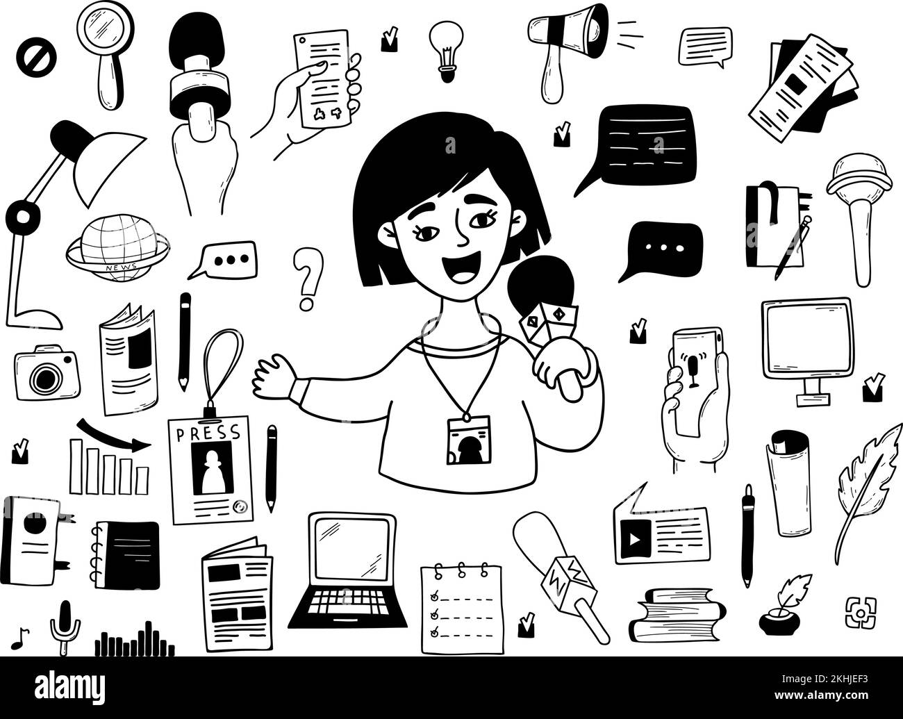 Sammlungsjournalismus-Kritzeleien. Süße Journalistin Reporterin mit Mikrofon, Hände mit Voice Recorder, Rundfunkaufzeichnung, Laptop, Zeitungen und m Stock Vektor