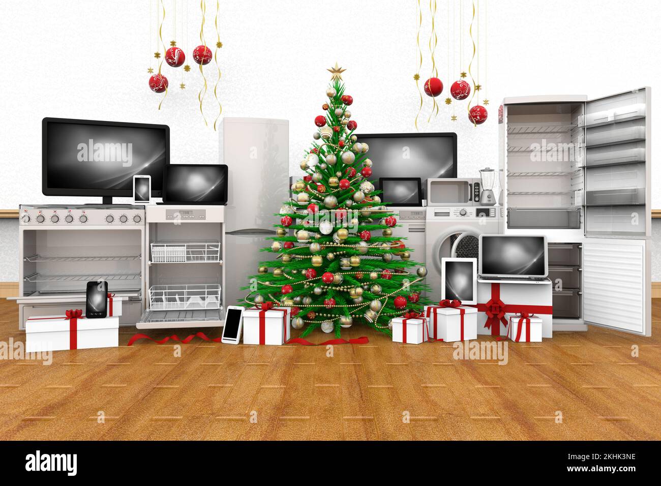 3D-Darstellung. Weihnachtsbaum Grün dekoriert. Weihnachten technik Geschenke: Geräte, Computer, Telefon, Smartphone, Tablet. Stockfoto