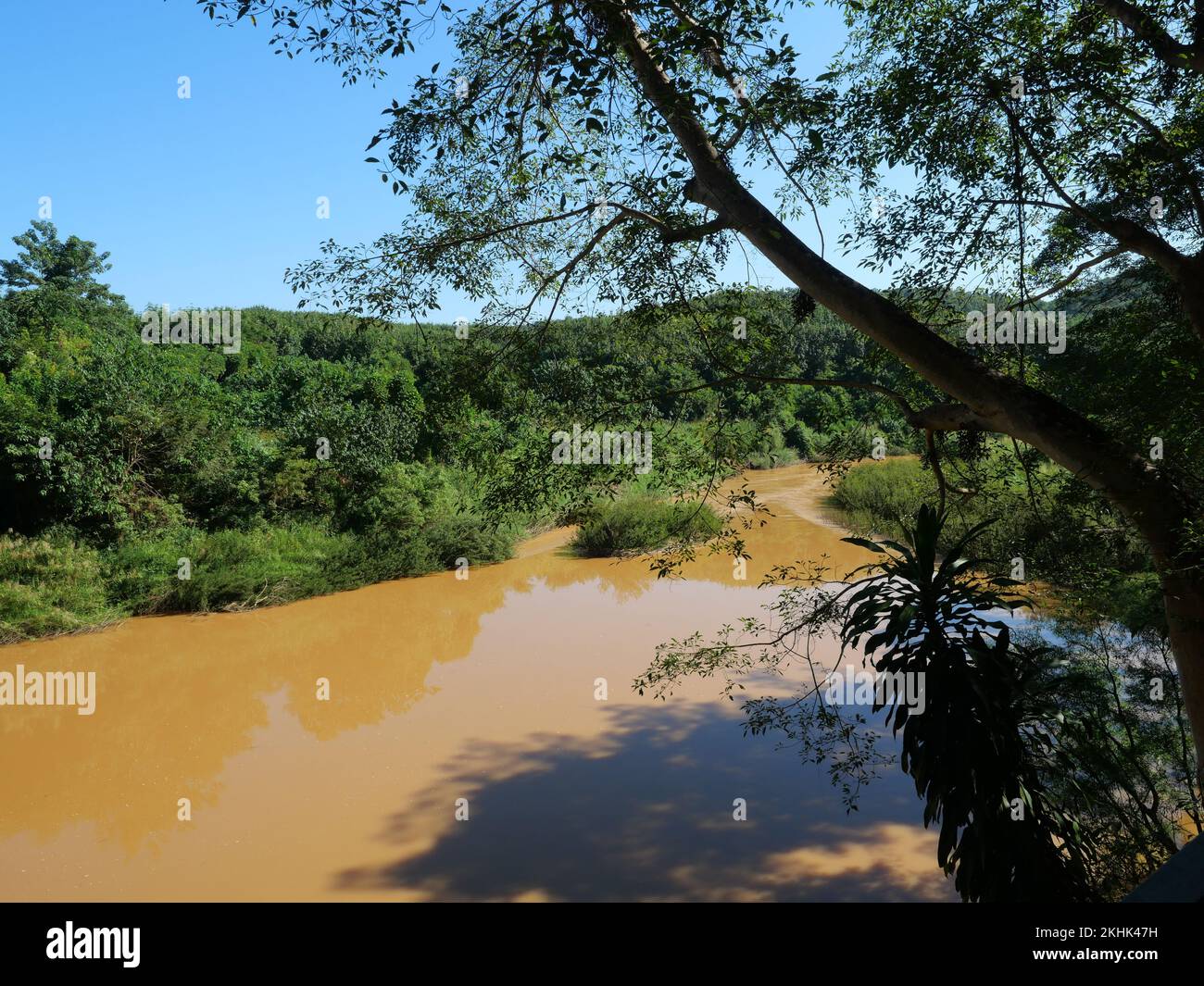 Braunes Wasser fließt langsam im Fluss Nan im Tal und Wald voller grüner Bäume mit blauem Himmel im Hintergrund, Thailand Stockfoto