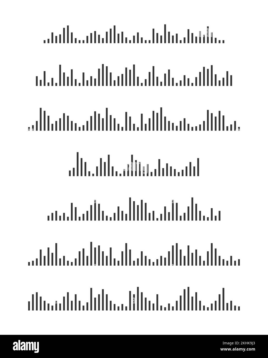 Satz von Schallwellen-Symbolen. Signalfrequenzsignale. Pulspiktogramme. Symbole für Sprachnachrichten. Grafikelemente des Audio-Players. Benutzeroberfläche für Online-Messenger, Radio, Podcast für mobile Apps. Vektordarstellung Stock Vektor