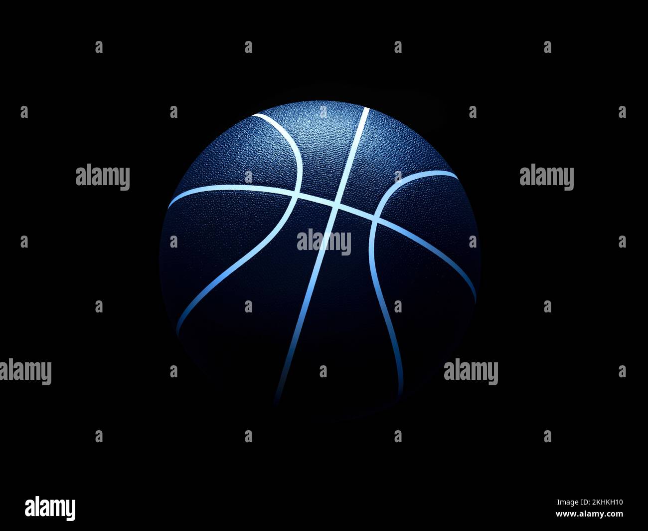 3D Rendering von Basketballball vor schwarzem Hintergrund. Grafisches Element mit abstraktem Konzept von Sportgeräten. Stockfoto