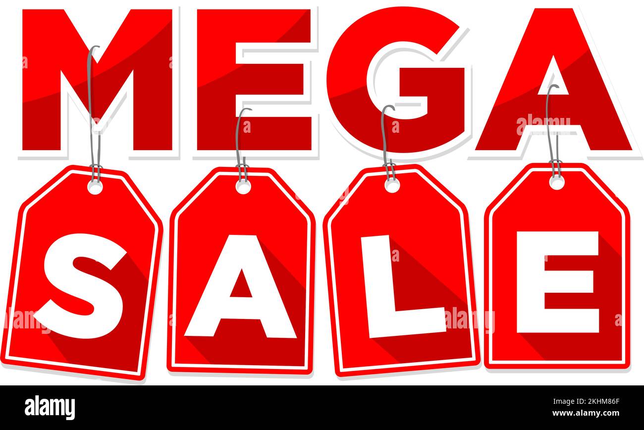 Bannervorlage für Mega-Sale mit roten Preisschildern für Rabatt. Vektor auf transparentem Hintergrund Stock Vektor