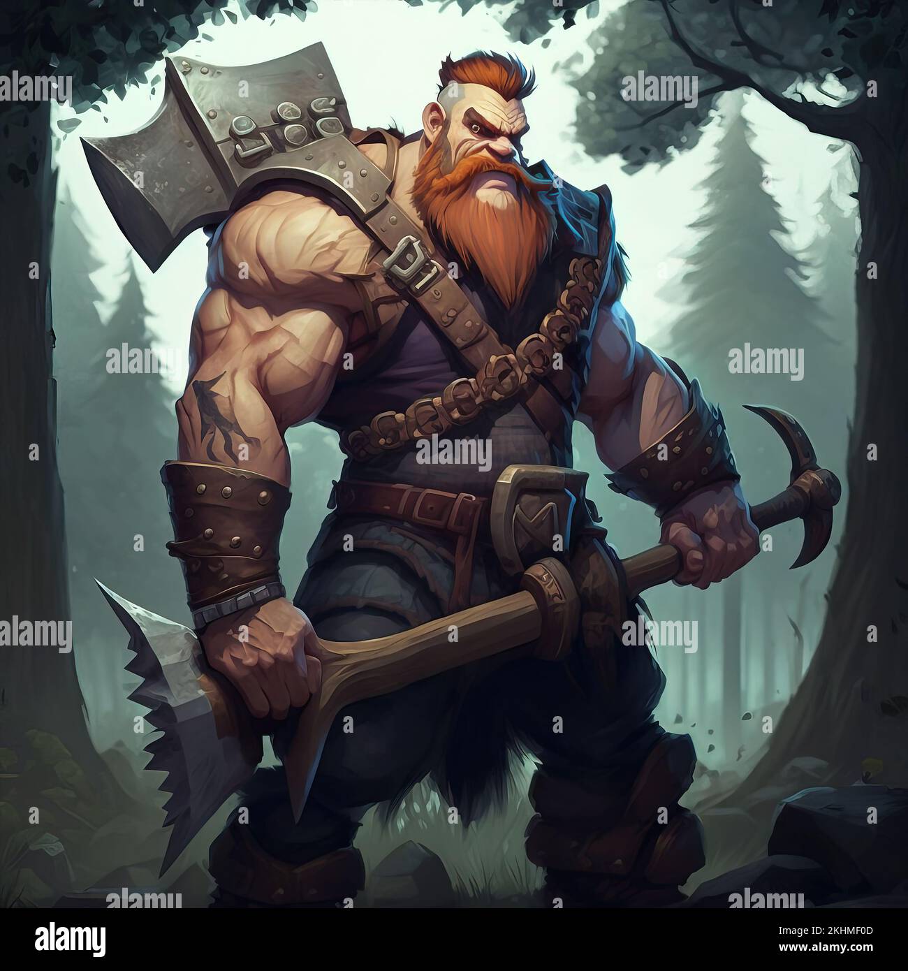 Abbildung eines Holzfällers mit seiner riesigen Axt im Wald, erobert ... Abbildung eines Holzfällers mit seiner riesigen Axt im Wald, erobert ...