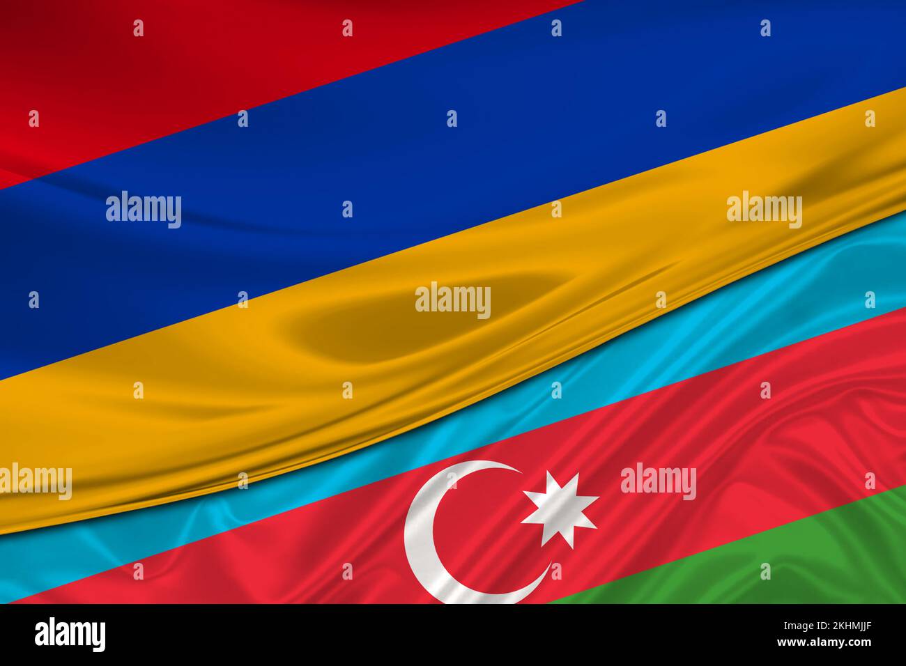 Flaggen Aserbaidschans und Armeniens. Internationale Beziehungen. Stockfoto