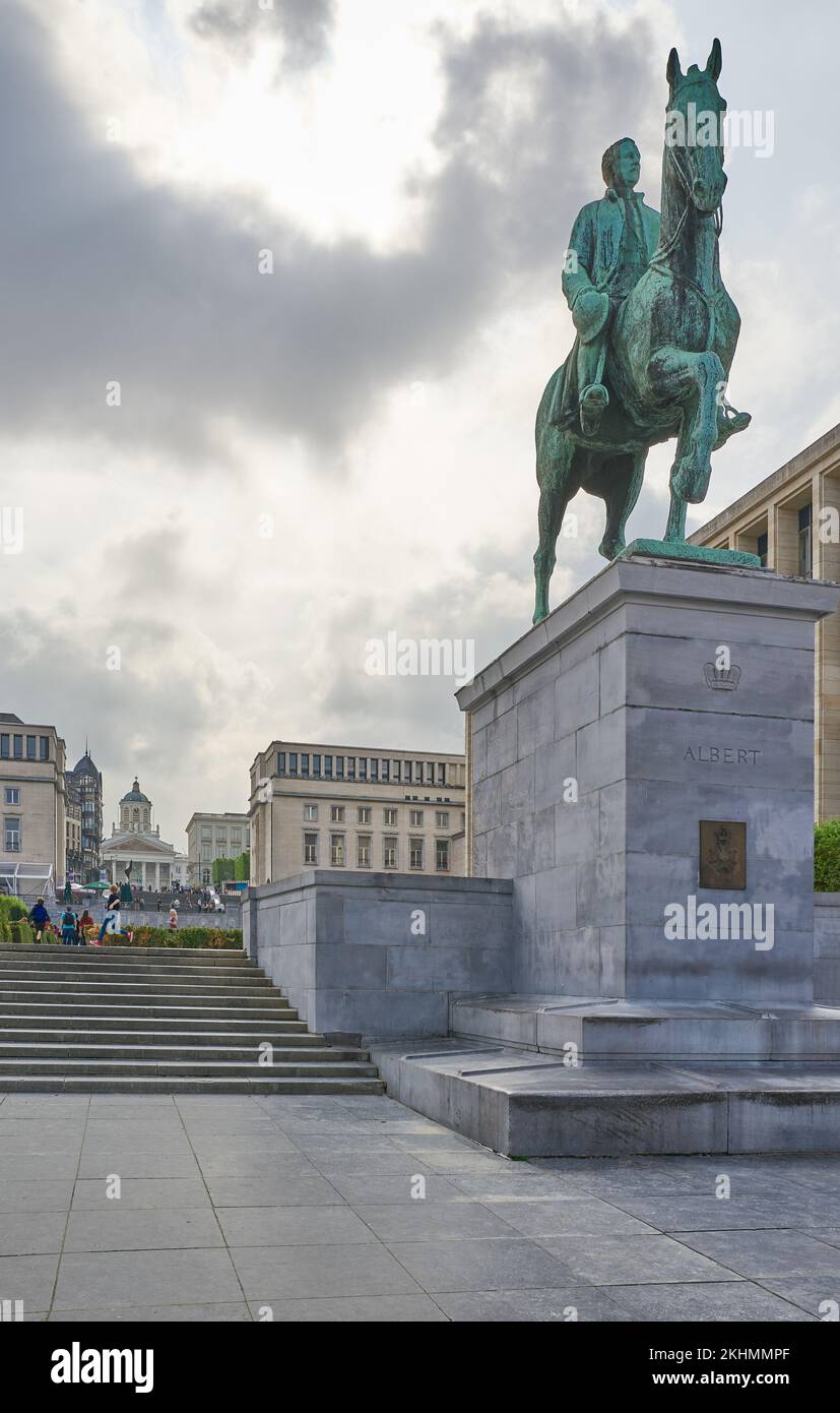 Brüssel, Beigium - 6. September 2018: Monts des Artes, das Monument mit der Reiterstatue von König Albert I. auf dem Platz von Albertine Stockfoto