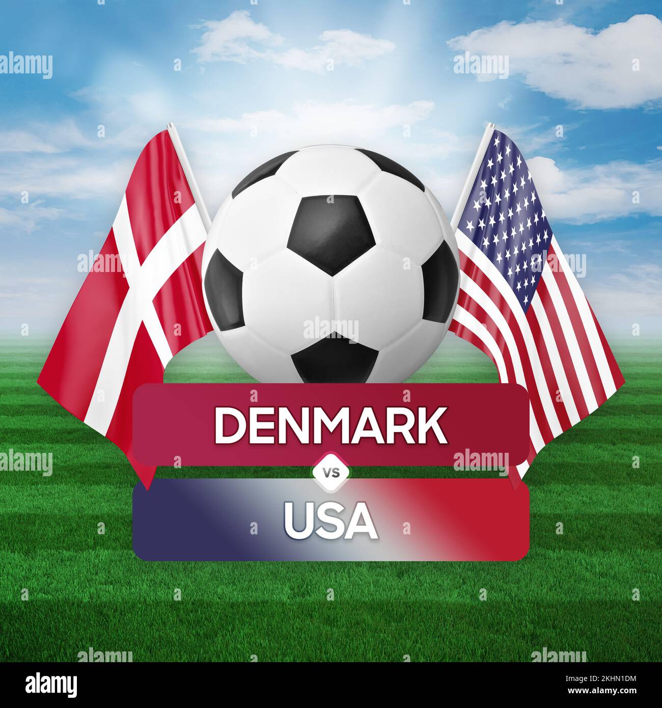 Konzept des Fußballspiels zwischen den Nationalmannschaften Dänemark und den USA. Stockfoto