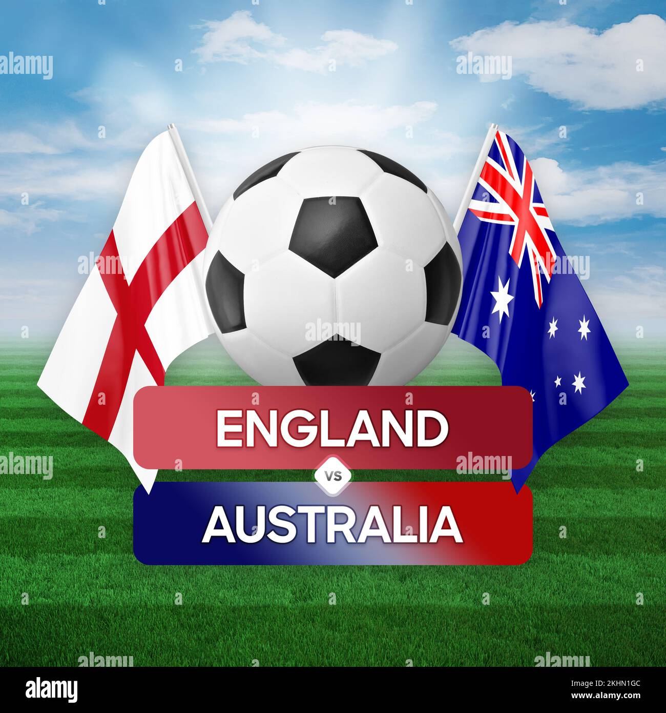 Fußballspiel-Wettkampfkonzept der Nationalmannschaften England gegen Australien. Stockfoto