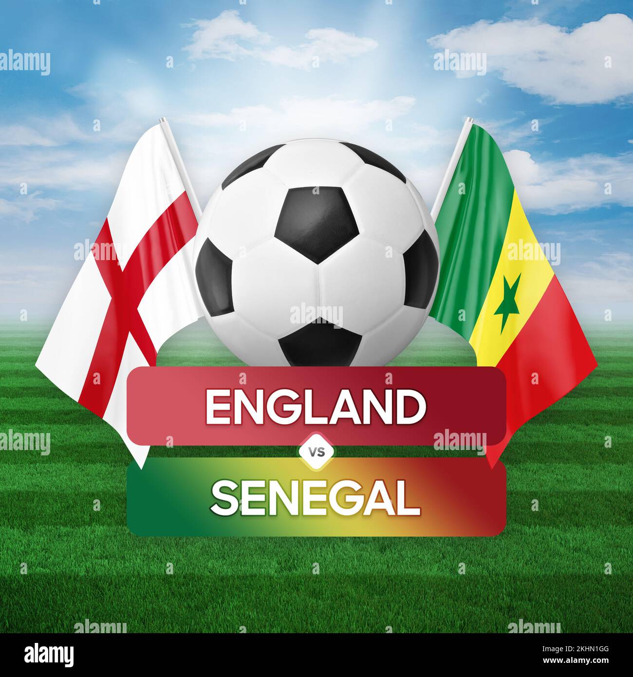 Konzept des Fußballspiels zwischen den Nationalmannschaften von England und Senegal. Stockfoto