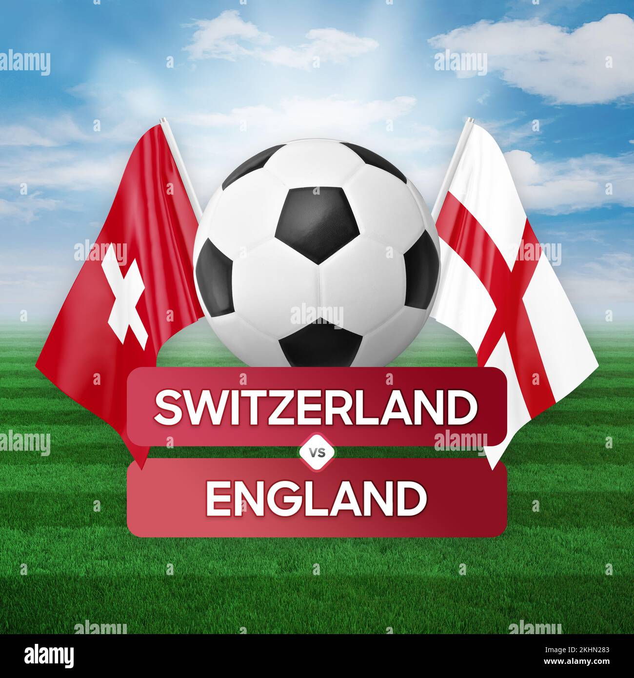 Schweiz gegen England Nationalmannschaften Fußballspiel Wettkampfkonzept. Stockfoto