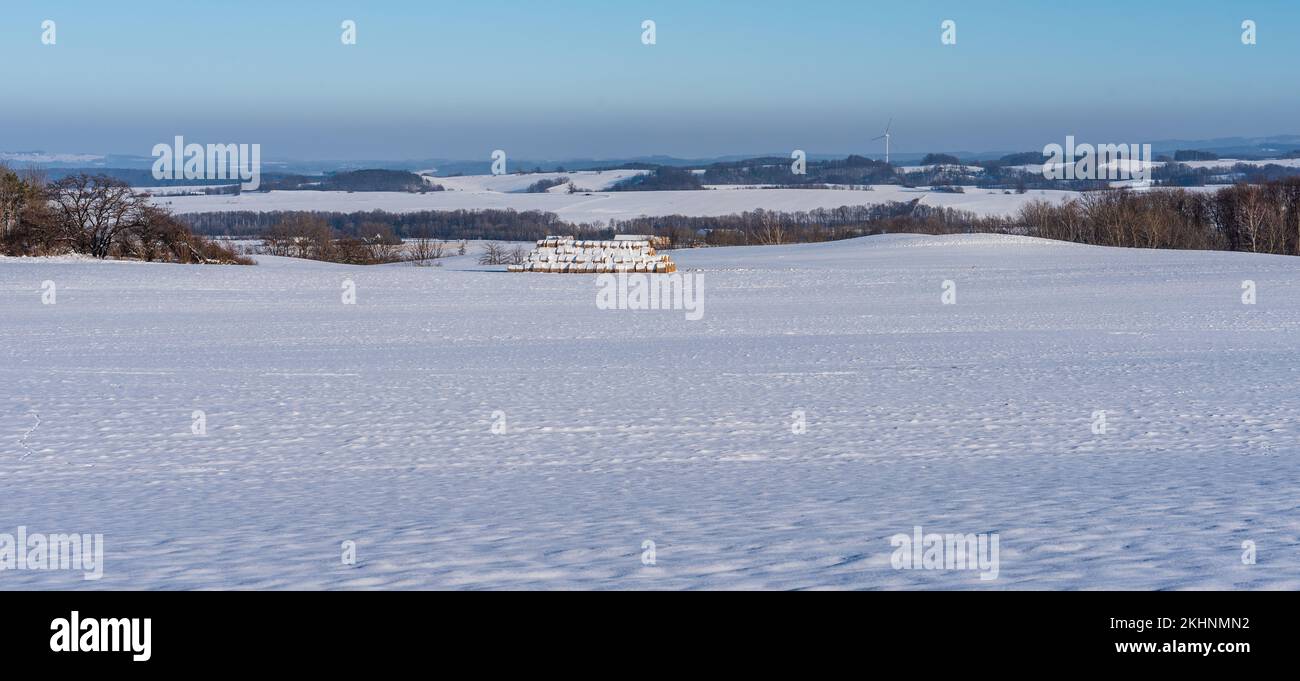 Ländliche Landschaft mit schneebedeckten Wiesen, Bäumen, Heuhaufen und niedrigen Hügeln am eiskalten Wintertag nahe der Stadt Javornik Bellow Rychlebske Hory Mount Stockfoto
