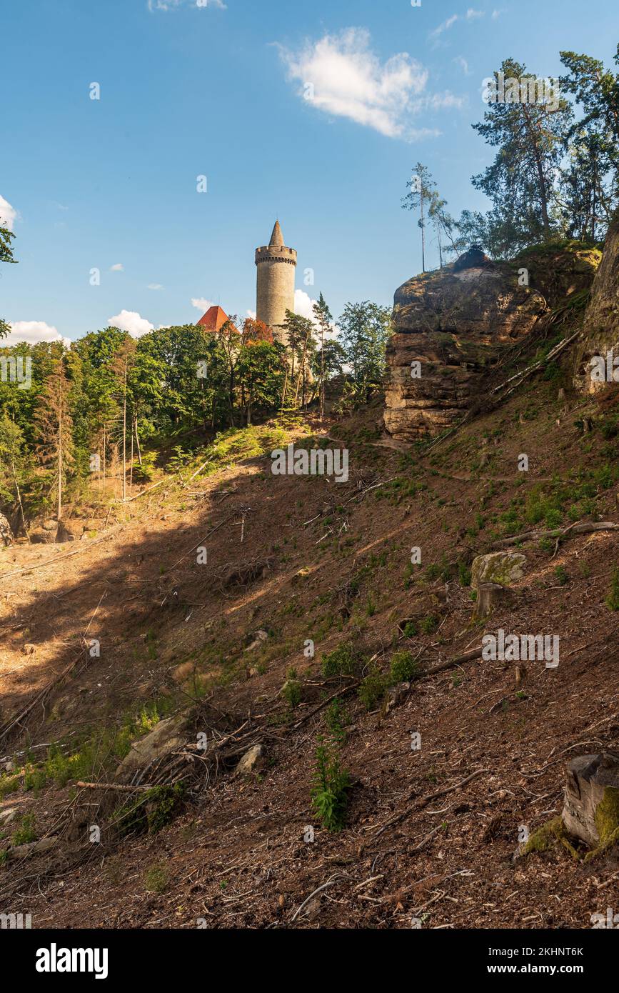Kokorin-Burg mit Felsen und Bäumen in der tschechischen republik an einem wunderschönen Sommertag Stockfoto