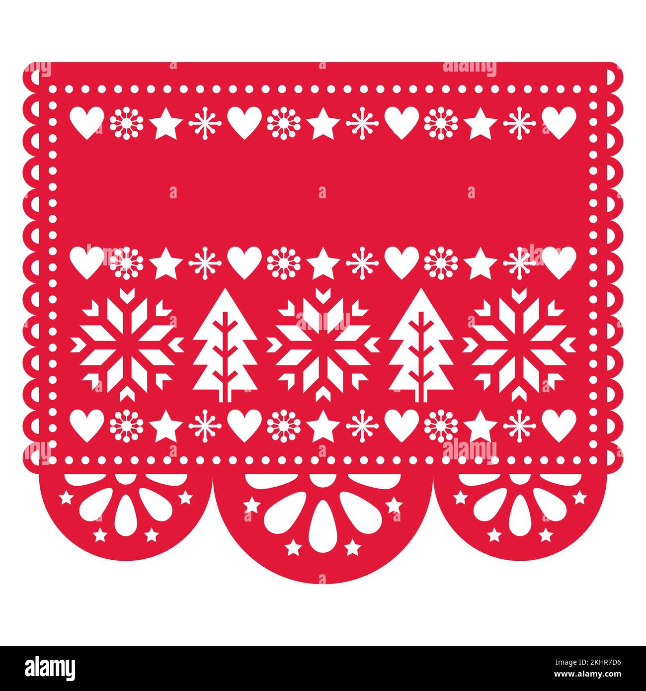 Vektorvorlage „Christmas Papel Picado“ mit Schneeflocken, Weihnachtsbäumen und leerem Platz für Begrüßungstext in Rot auf Weiß Stock Vektor