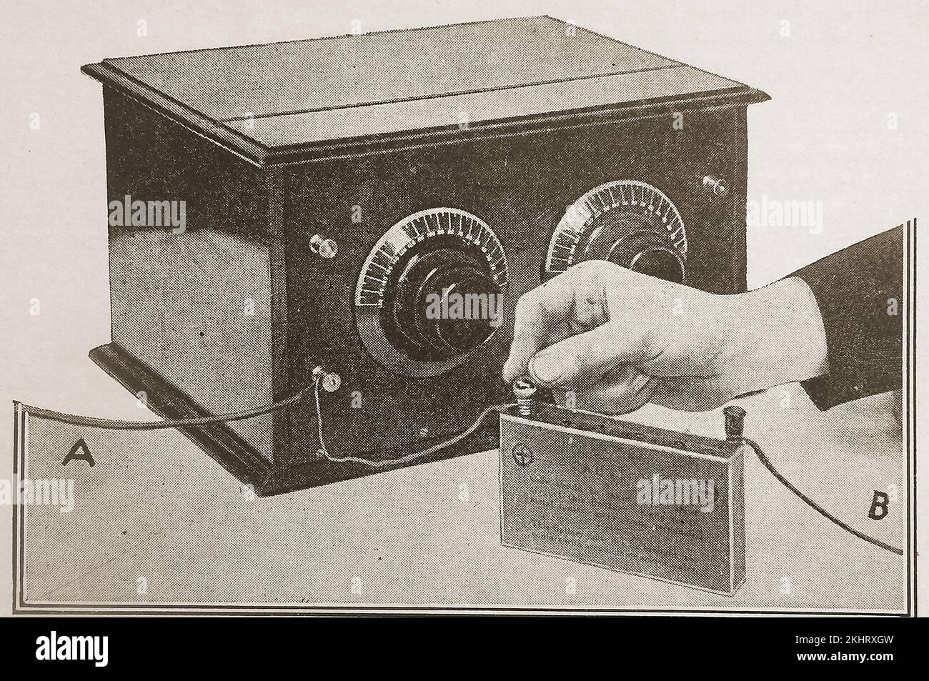 Eine Abbildung aus den 1930er Jahren zeigt, wie mit einer Batterie der Zeit auf einen Masseanschluss geprüft wird. Stockfoto