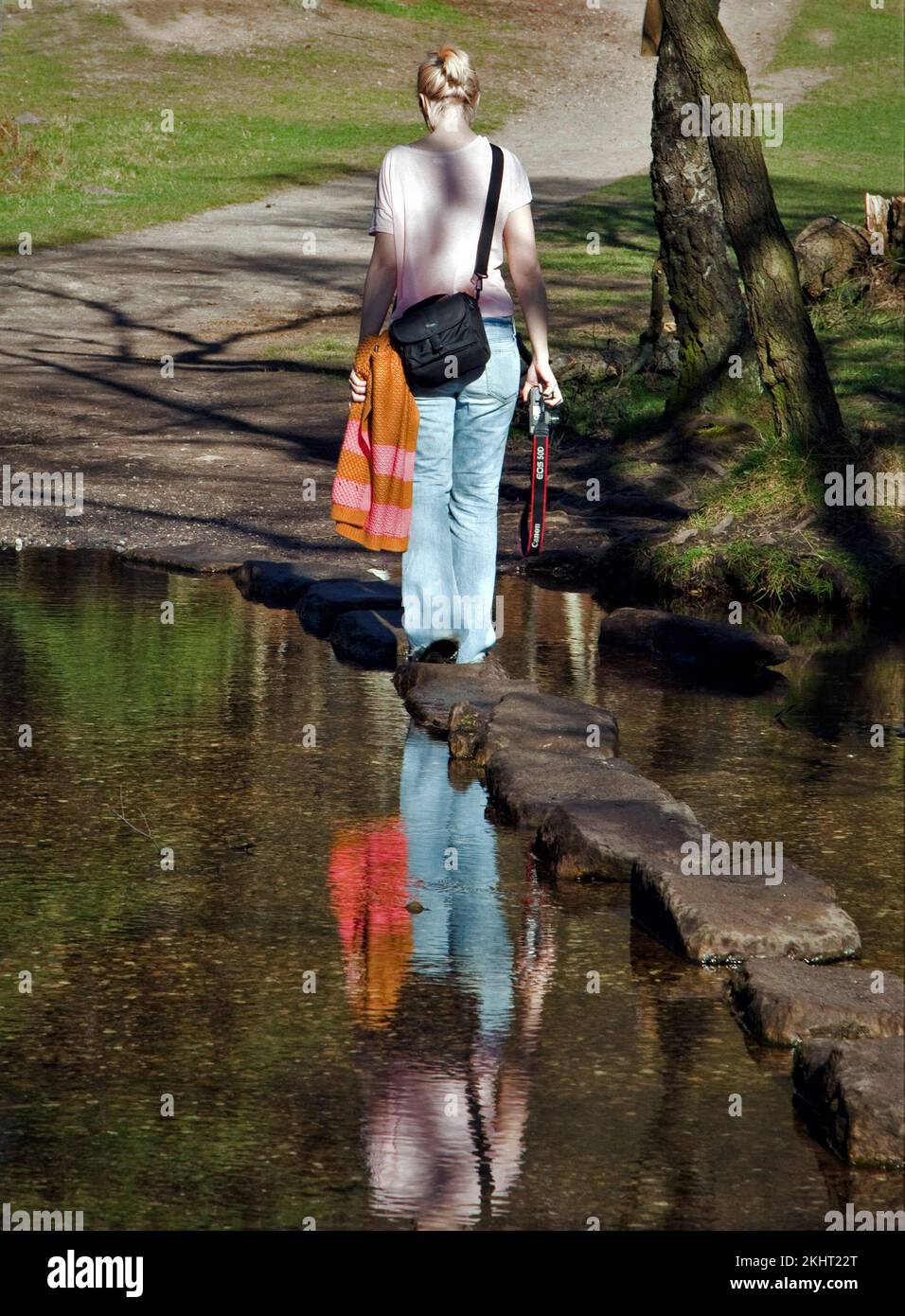 Person, die über Stepping Stones über den Sher Brook, Sherbrook Valley, Cannock Chase AONB (Gebiet von herausragender natürlicher Schönheit) in Staffordshire geht Stockfoto