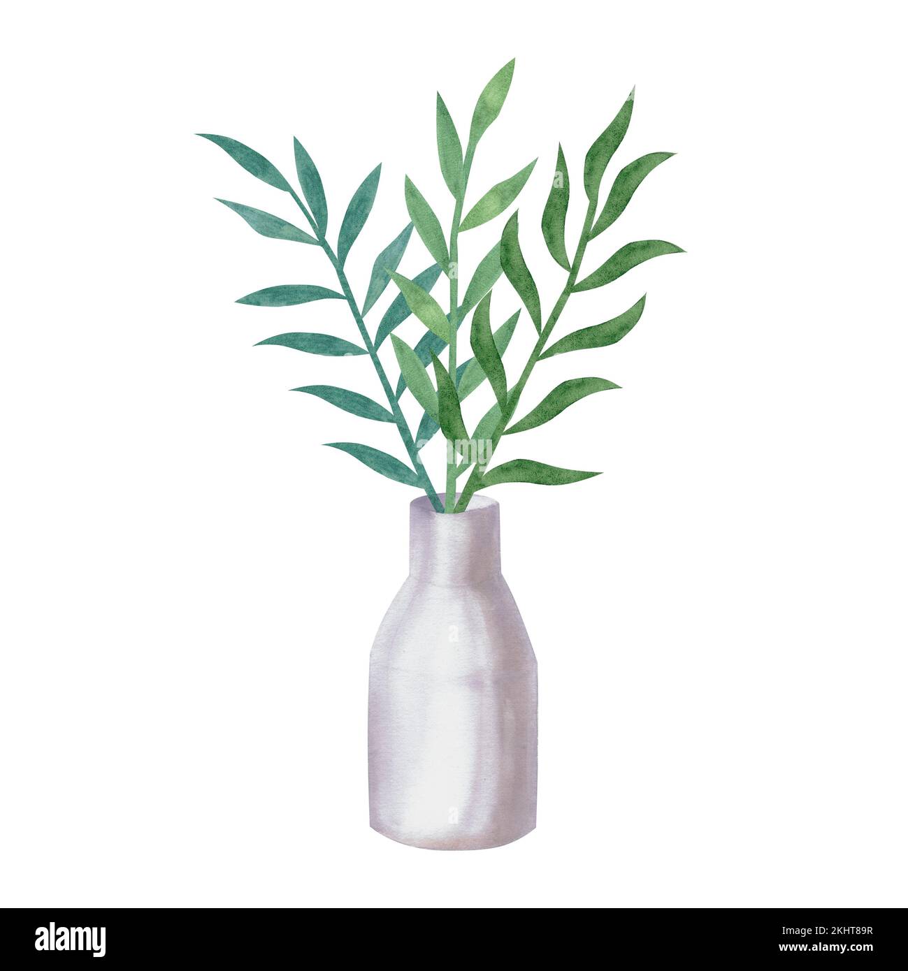 Aquarelle Blumenillustrierungen. Blumenstrauß mit abstrakten palmengrünen Blättern in einer Vase. Botanischer Klipart. Perfekt für Hochzeitseinladungen, Grußkarten Stockfoto