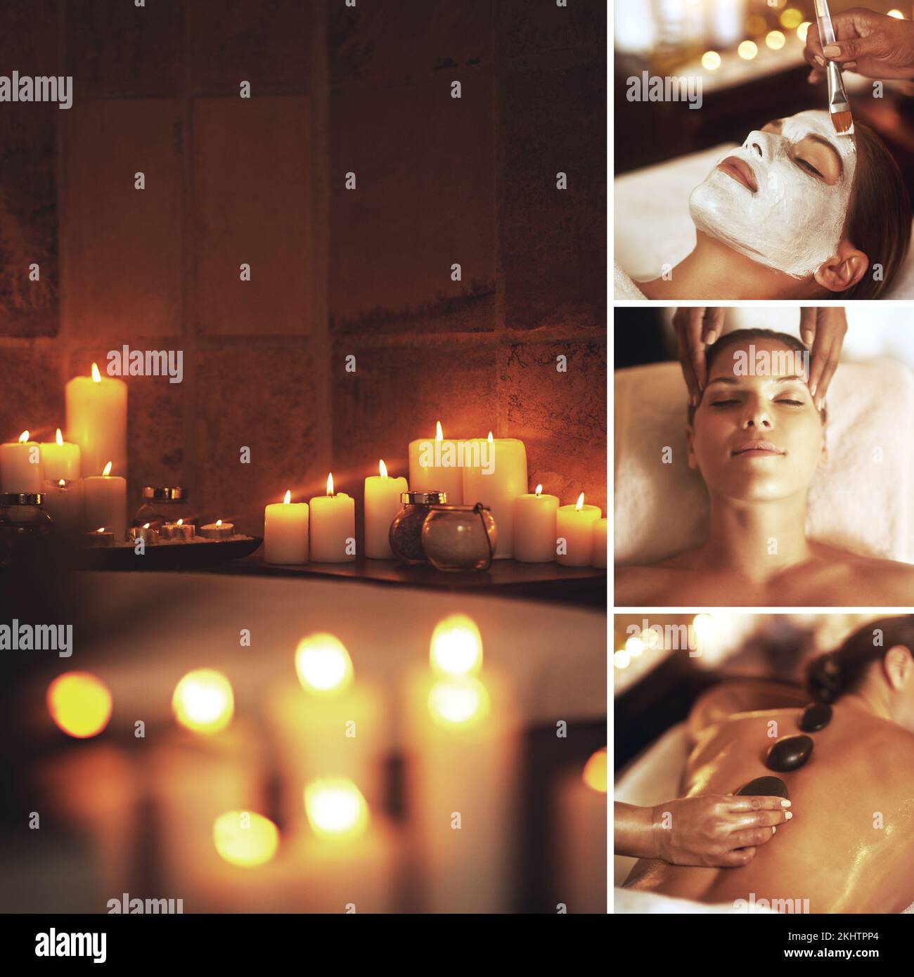 Composite, Massage und Spa mit einer Frau in Reihe, die eine Entspannung oder Behandlung in einem Schönheitssalon genießt. Gesichtspflege, heißer Stein und Therapie mit einer Collage von A. Stockfoto