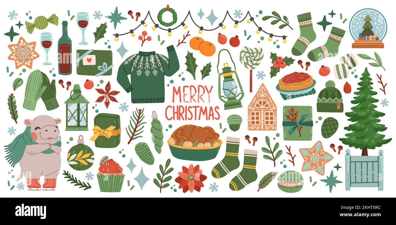 Weihnachtsartikel mit Keksen, Häusern, Geschenken, Pullover, Pelzbaum, Kränze. Die Aufkleber sind fertig. Handgezeichnet Stock Vektor