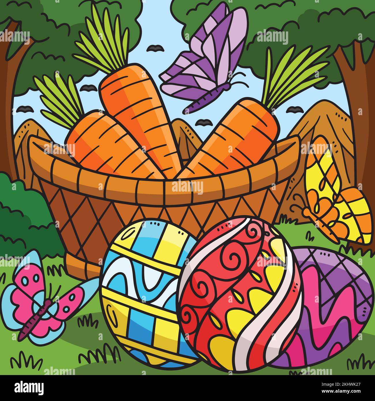 Ostereier Und Karotten Farbige Cartoon Stock Vektor