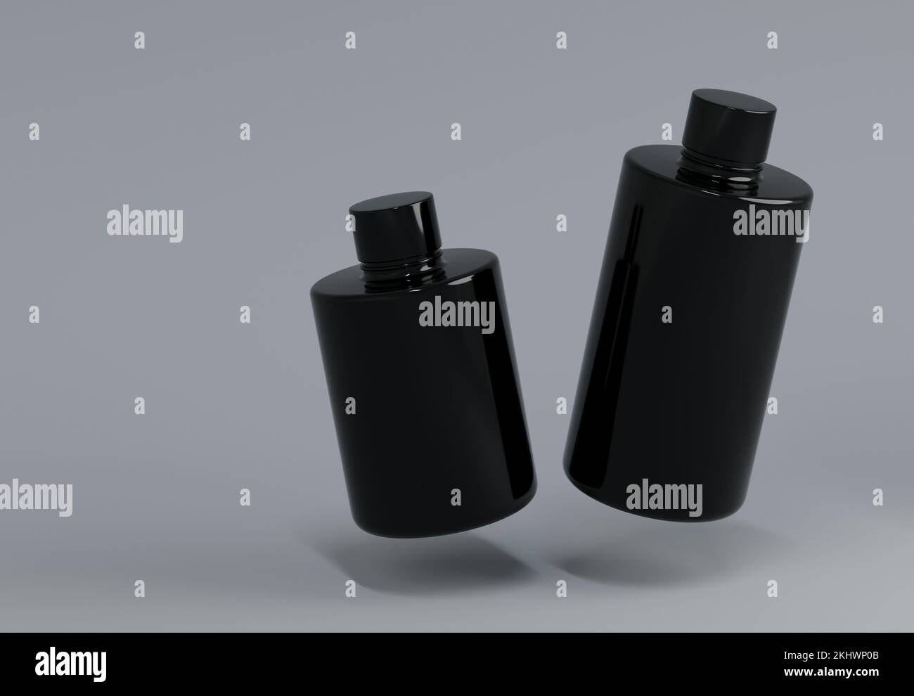Zwei Shampooflaschen aus Kunststoff, die auf grauem Hintergrund schweben 3D-Modell rendern Stockfoto