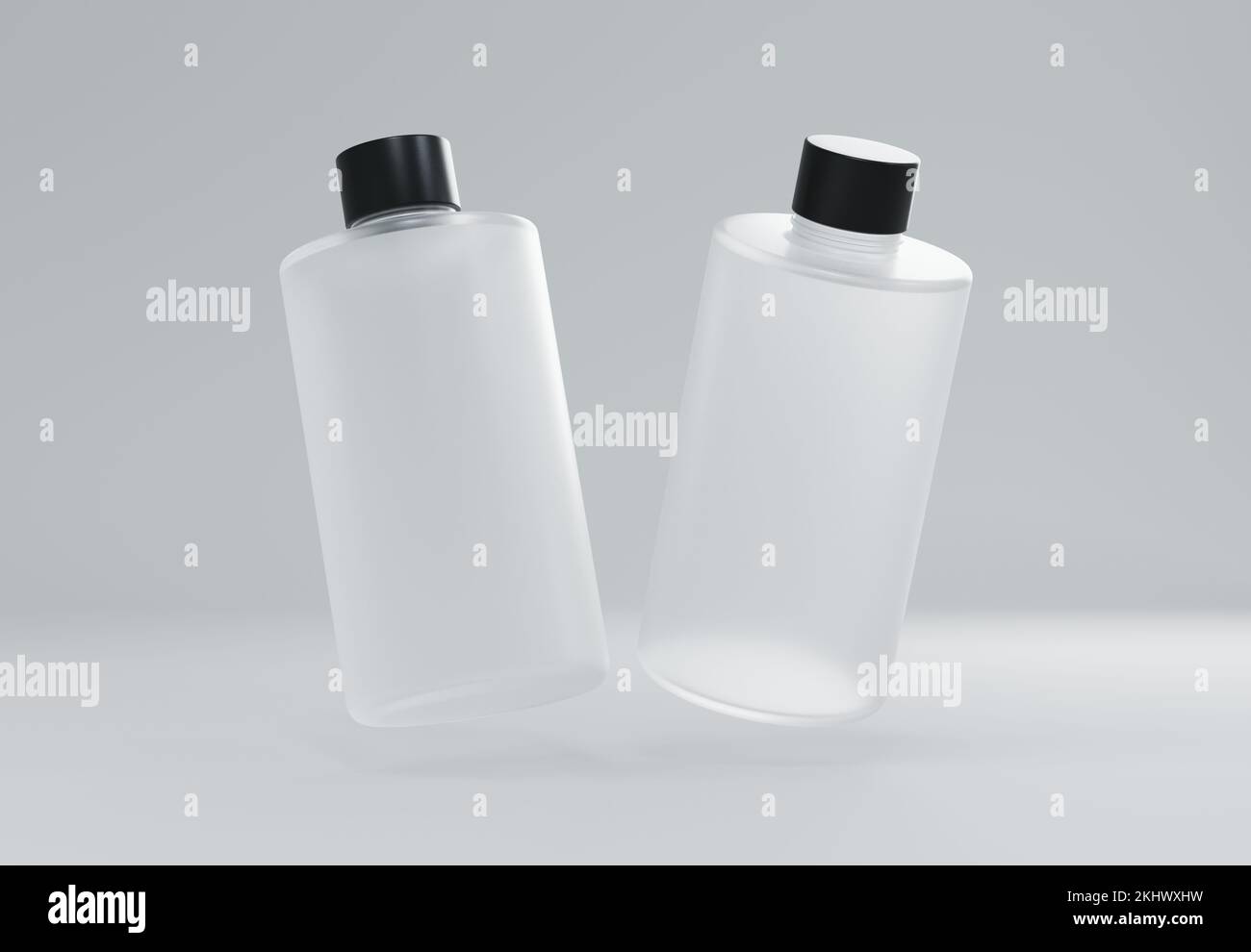 Zwei Shampooflaschen aus Kunststoff, die auf grauem Hintergrund schweben 3D-Modell rendern Stockfoto
