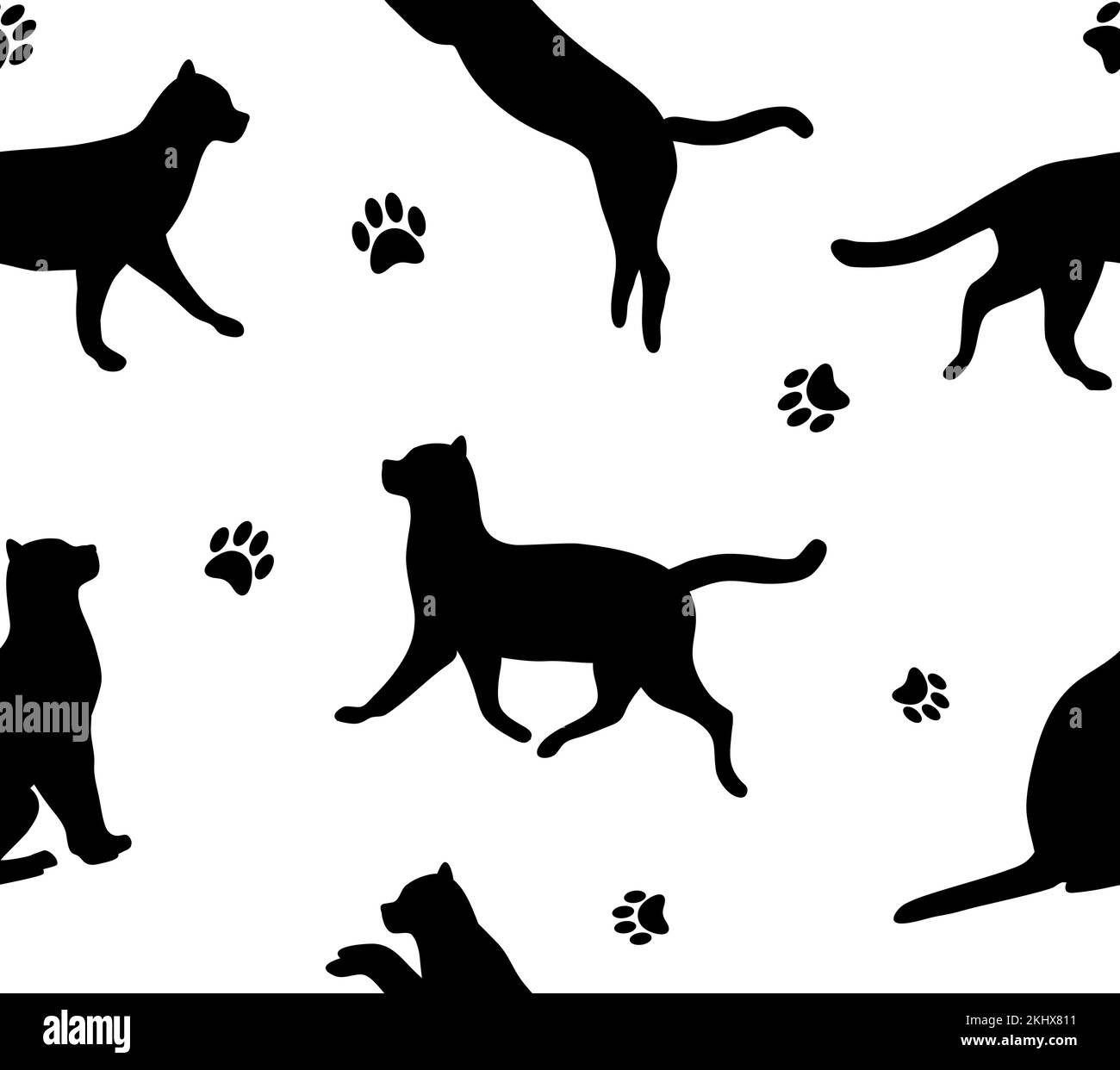 Vektornahtloses Muster einer flachen, auf weißem Hintergrund isolierten Katzensilhouette Stock Vektor