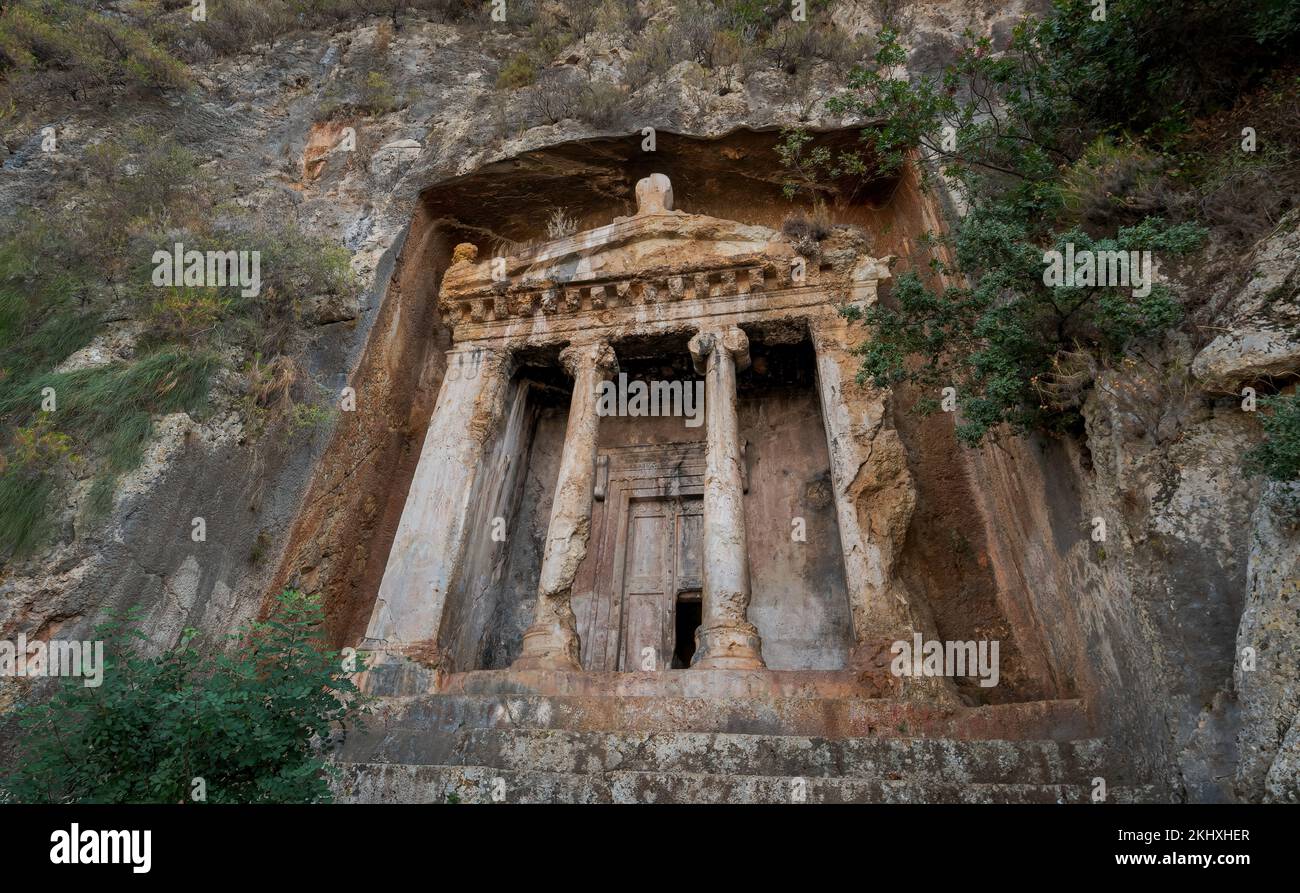 Amyntas Felsengräber im alten Telmessos in Lycia. Jetzt in der Stadt Fethiye, Türkei Stockfoto