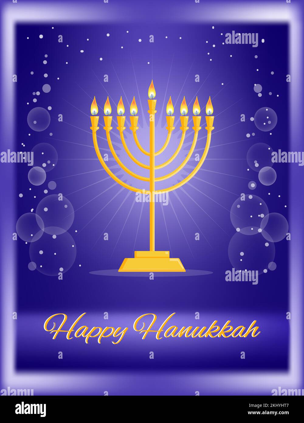 Goldener Hanukka-Kronleuchter hanukkiah mit brennenden Kerzen auf dunkelblauem Sternenhimmel Stock Vektor