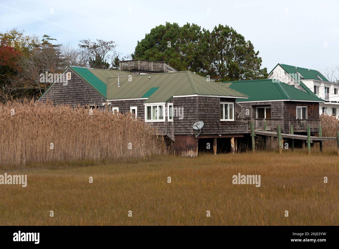 Traditionelle Häuser auf Holzpfählen am Ufer auf Chincoteague Island, Accomack County, Virginia, USA Stockfoto