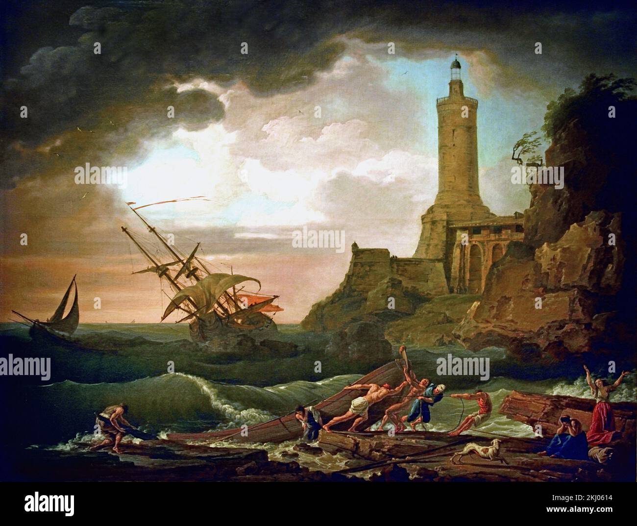 A Rocky Coast mit einem Leuchtturm und einem Schiffswrack 1745 Claude-Joseph Vernet (1714-1789) 18. Century, Frankreich Französisch Stockfoto