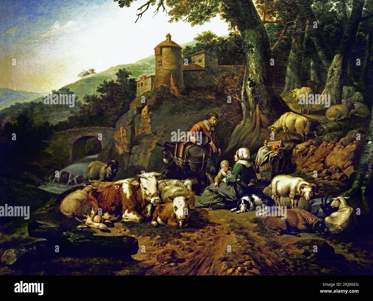 Schäferfamilie und Herde ruhend 1658 | 17.. Jahrhundert von Johann Heinrich Roos 1631-1685 Deutschland Stockfoto