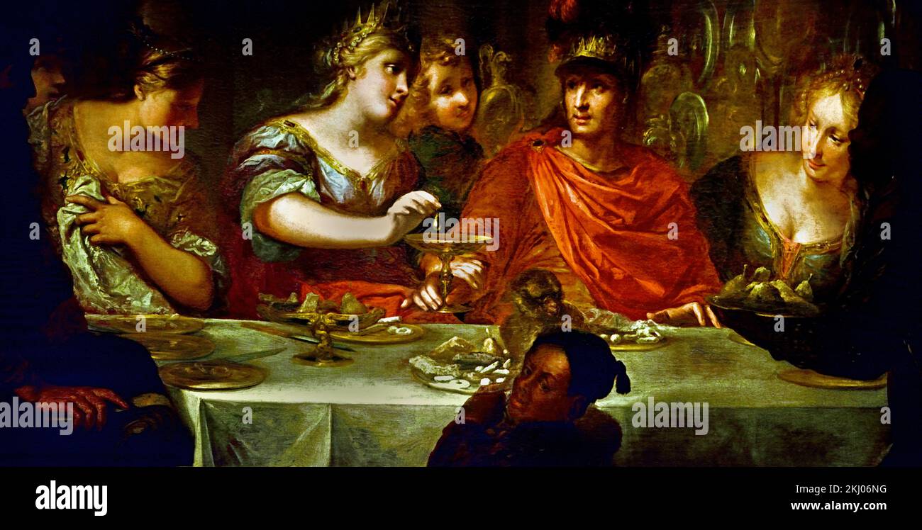Das Bankett von Kleopatra und Mark Antony Pietro Dandini (12. April 1646 – 26. November 1712) war ein italienischer Maler der Barockzeit, der hauptsächlich in Florenz aktiv war (Antonius liebt Kleopatra, heiratet aber Cäsars Schwester, um Freunde zu sein, geht dann aber wieder nach Kleopatra. Cäsar wird wütend und alle sterben. Stockfoto