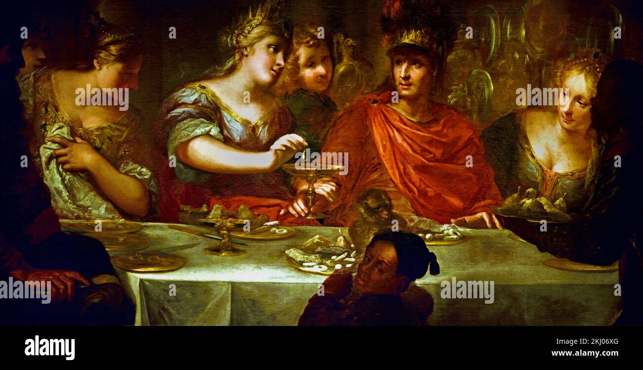 Das Bankett von Kleopatra und Mark Antony Pietro Dandini (12. April 1646 – 26. November 1712) war ein italienischer Maler der Barockzeit, der hauptsächlich in Florenz aktiv war (Antonius liebt Kleopatra, heiratet aber Cäsars Schwester, um Freunde zu sein, geht dann aber wieder nach Kleopatra. Cäsar wird wütend und alle sterben. Stockfoto